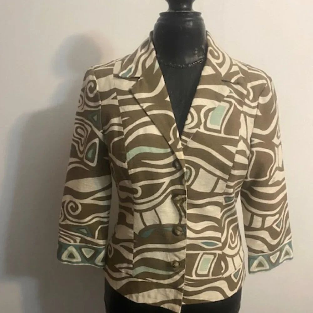 Multiples Tan/Cream/Teal 4 button 3/4 sleeves blazer, size PM